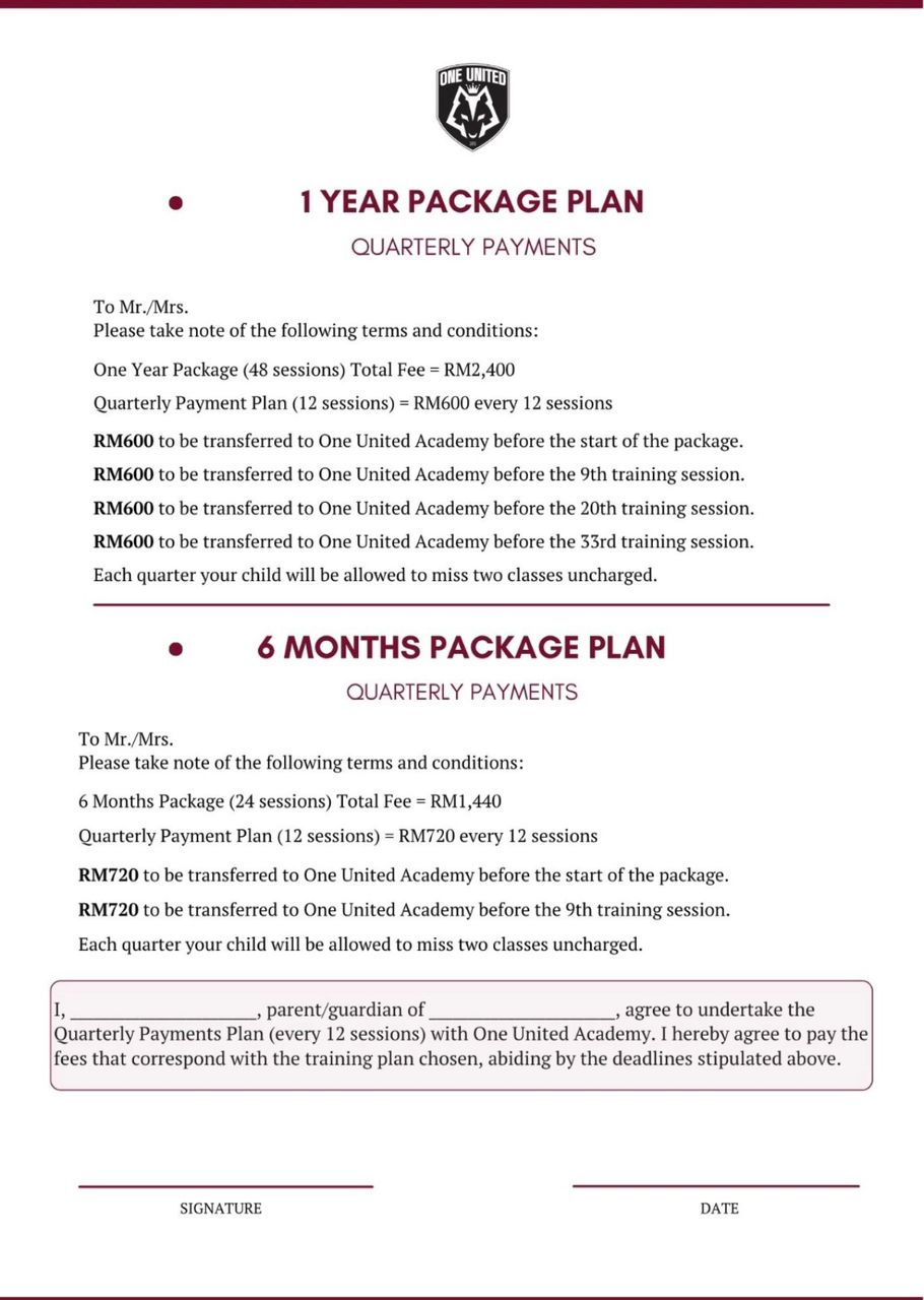 One United trainee package payment terms